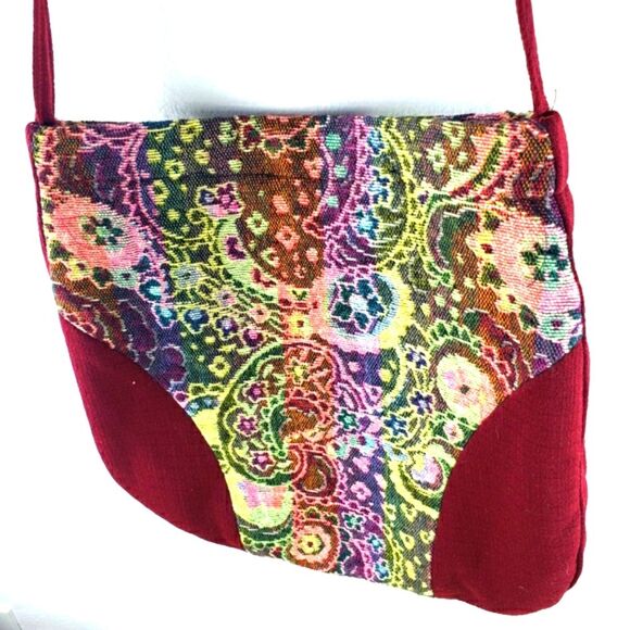 Women's Vintage Rainbow Paisley Red Material Zip Closure Crossbody - Picture 4 of 10